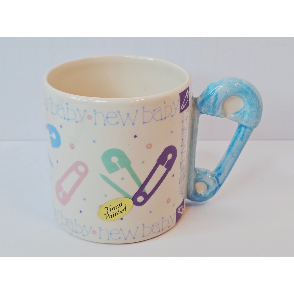 Vintage Russ Berrie New Baby Hand Painted Ceramic Mug Blue Diaper Pin Handle